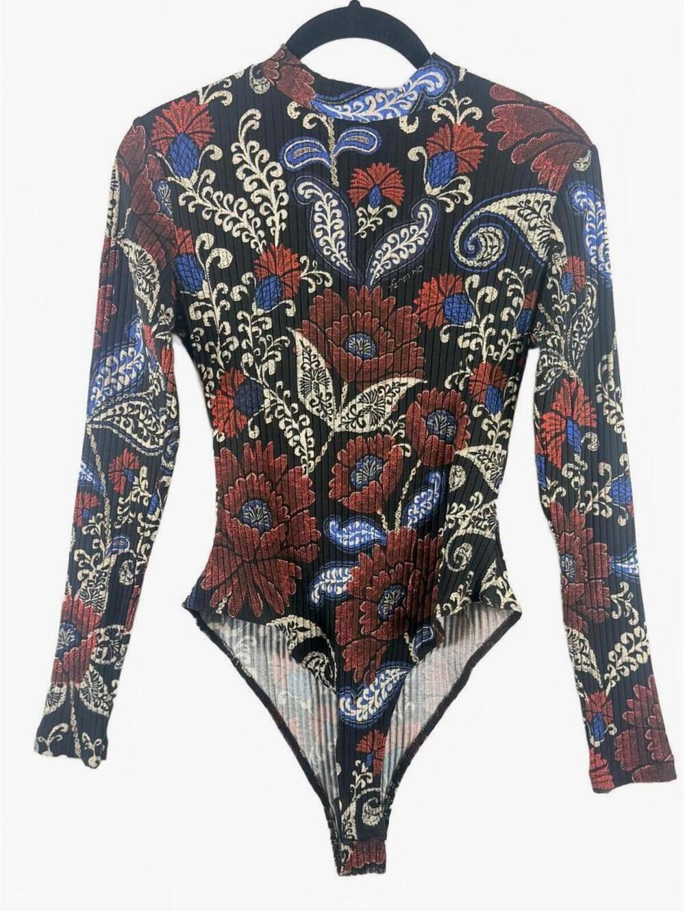 NWT! FARM Rio Valentina Black Floral Paisley Ribbed Long Sleeve Bodysuit Size‎ S - Picture 3 of 9